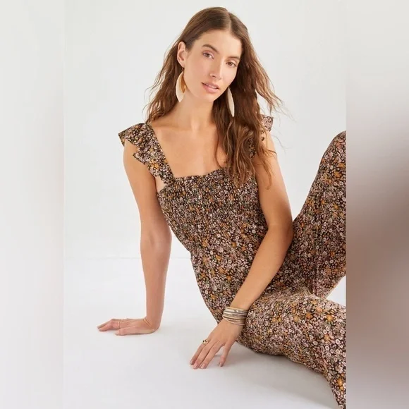 Francesca's Brielle Brown Gold Floral Smocked Ruffle Sleeves Jumpsuit Sz Small - Picture 2 of 9
